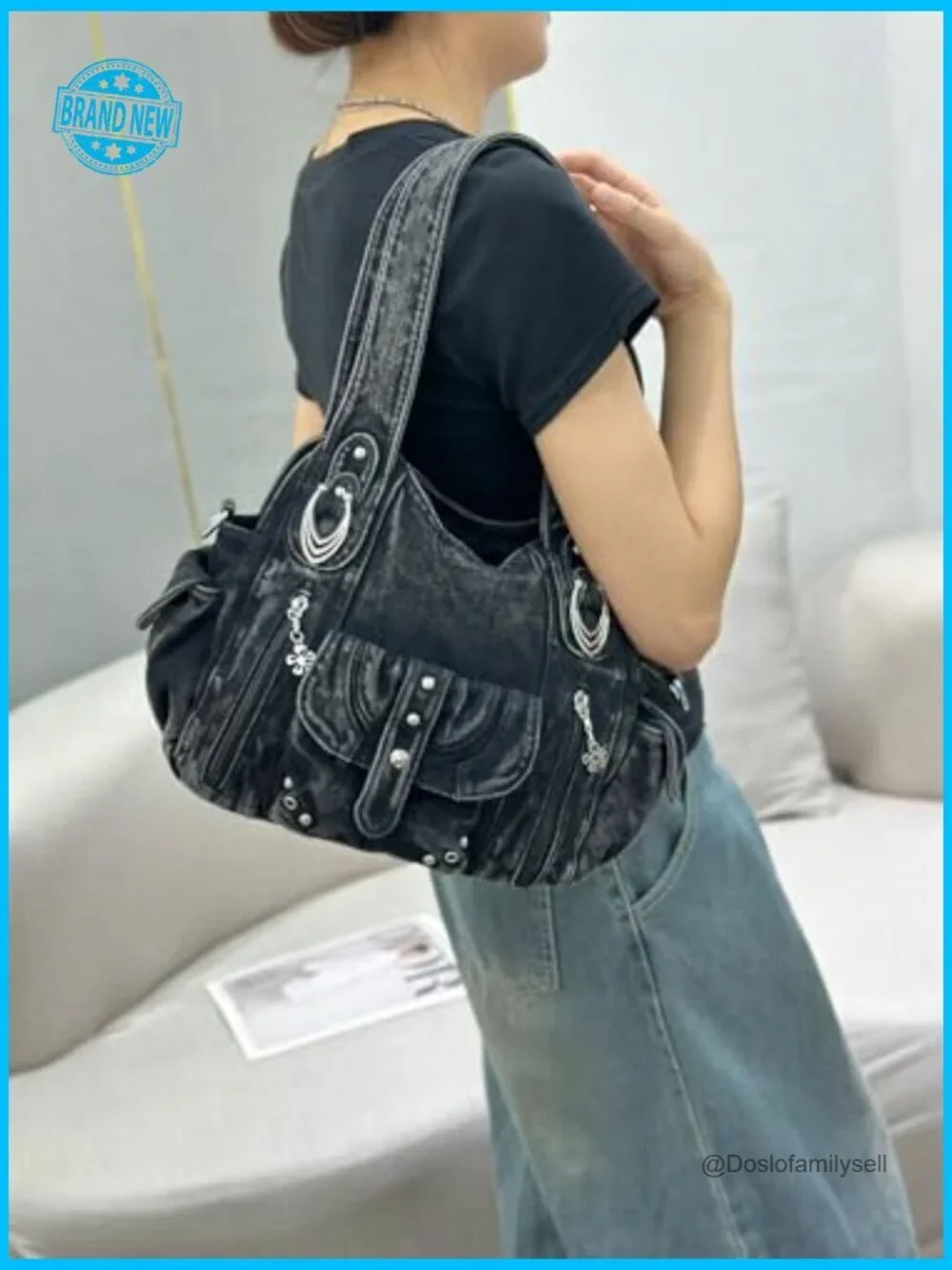 Vintage Denim Hobo Bag Washed Jean Texture Tote Crossbody Purse Shoulder